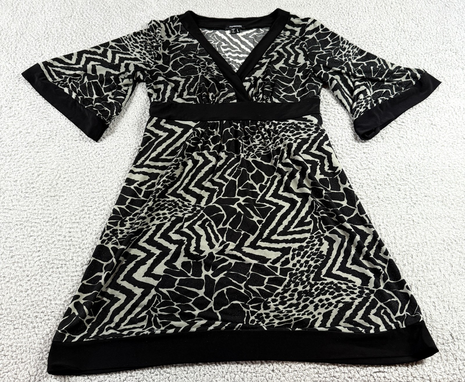 My Michelle Womens Bell Sleeve V-Neck Dress Black Gray Animal Print Size L