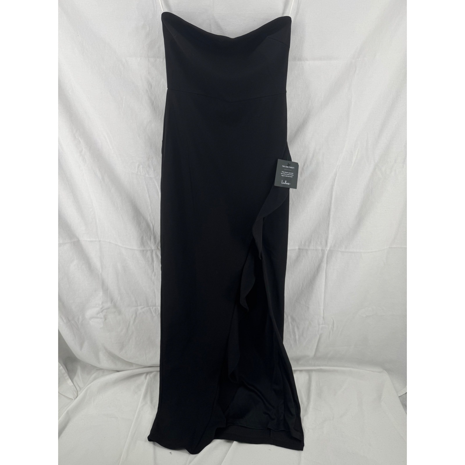 Lulus Black Strapless Ruffle Maxi Dress Formal Gown Sweetheart Slit XS NWT