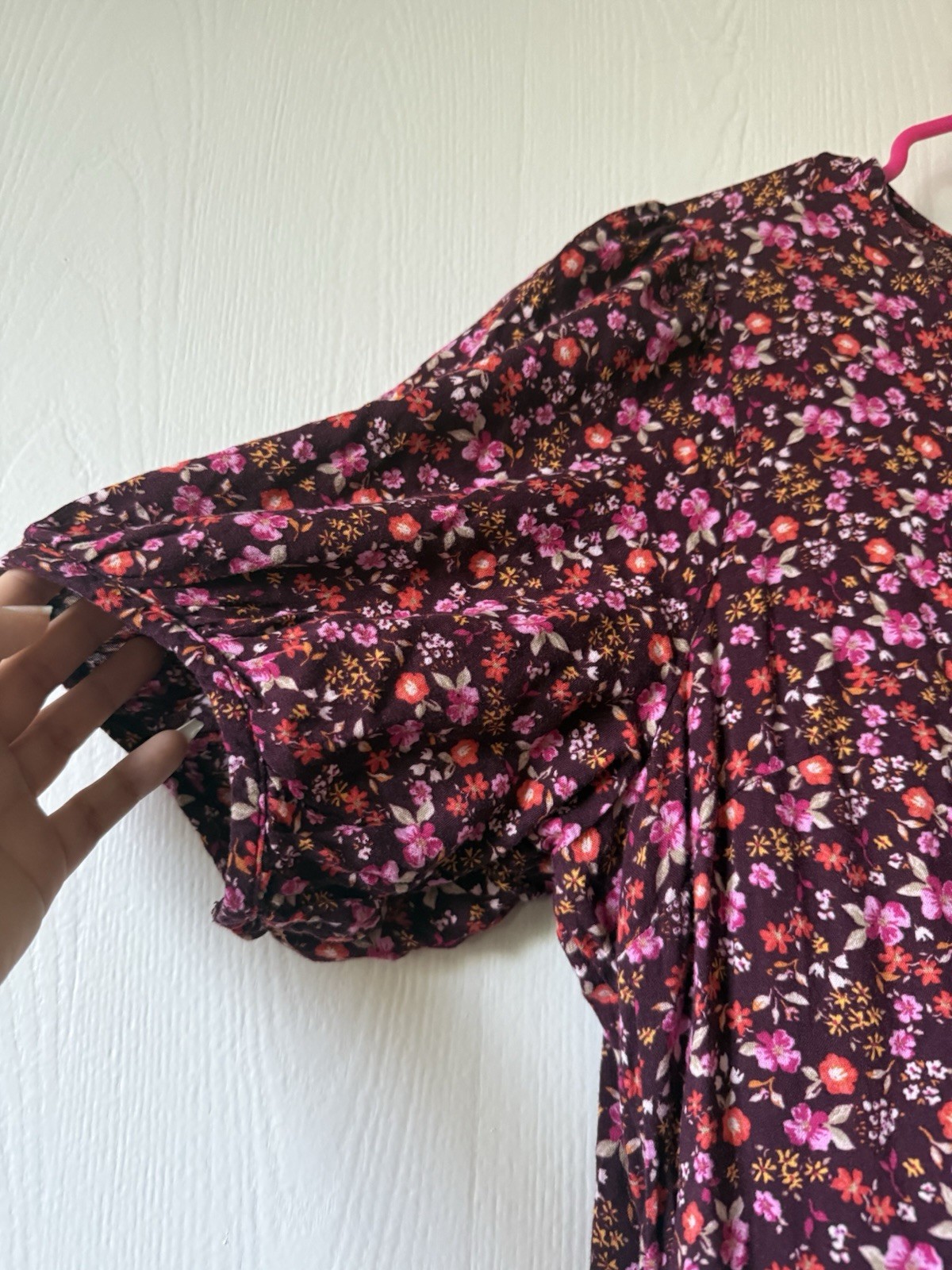 Old Navy Burgundy Floral Round Neck Puff Short Sleeve Button Front Midi XL