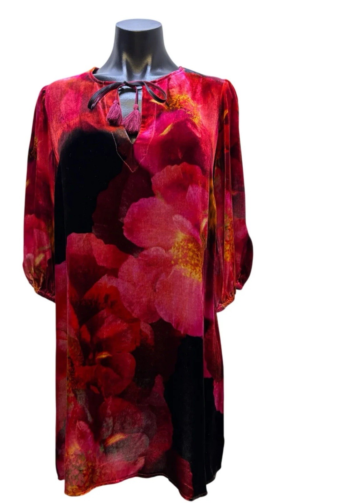 Johnny Was Ruby Bloom Velvet Floral Shift Dress Keyhole 3/4 Sleeve XS