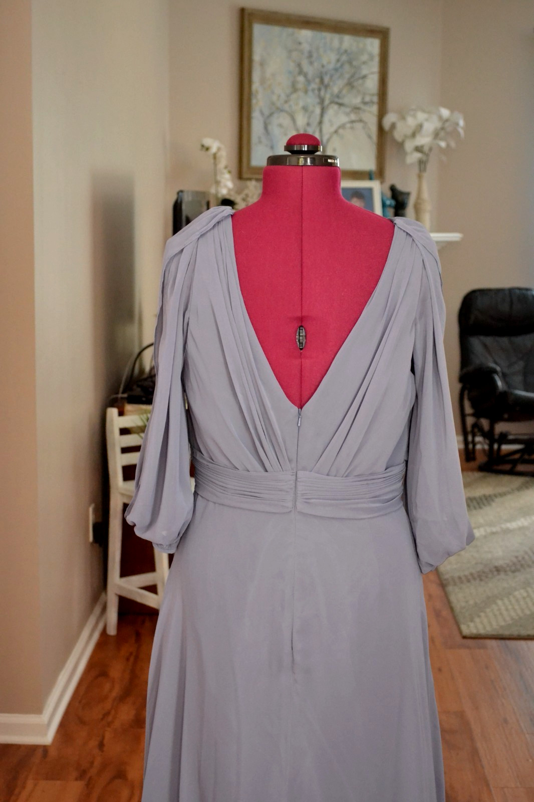 Jenny Packham NWT Silverstone Blue/Gray Lux Chiffon Sheer Sleeve Maxi Gown 16