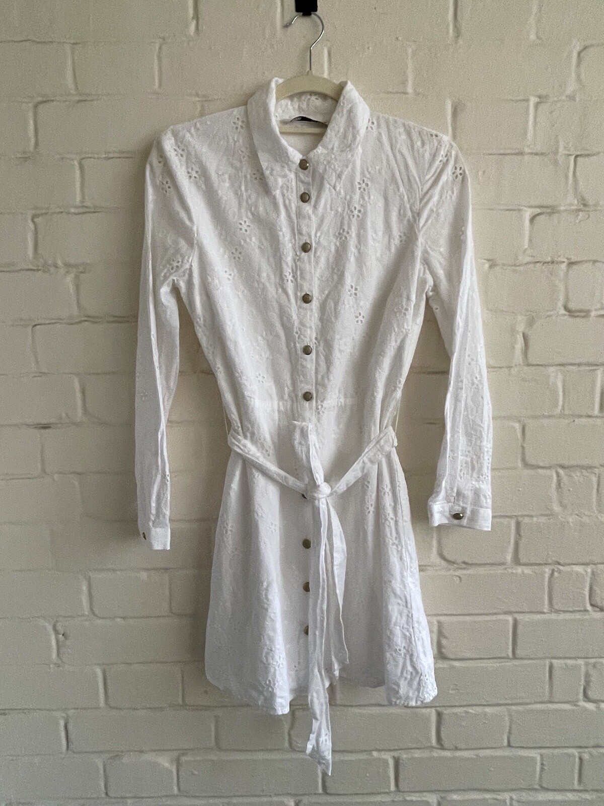 ZARA Oyster White Cotton Shirt Dress Cutwork Embroidery Broderie Anglaise XS