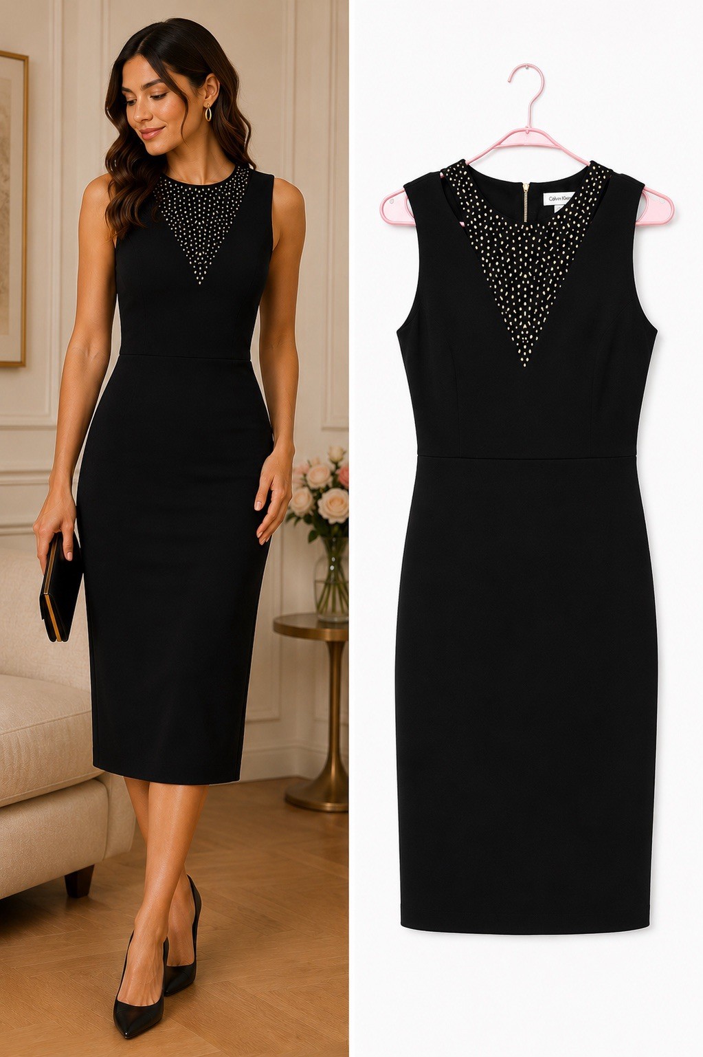 Calvin Klein Black Sleeveless Sheath Knee-Length Dress Beaded Studded Neck, S/M