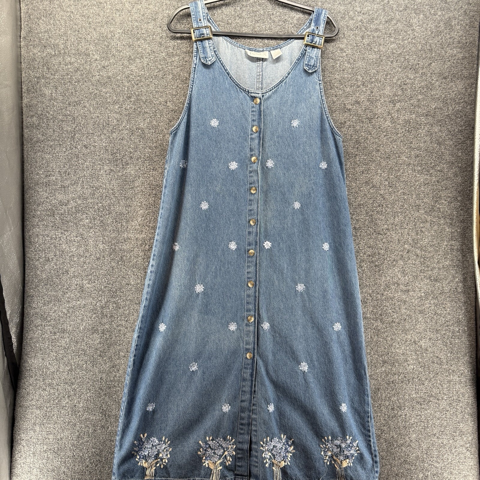 Annex Denim Dress Womens L Blue Bib Shift Embroidered Prairie Boho Cottagecore