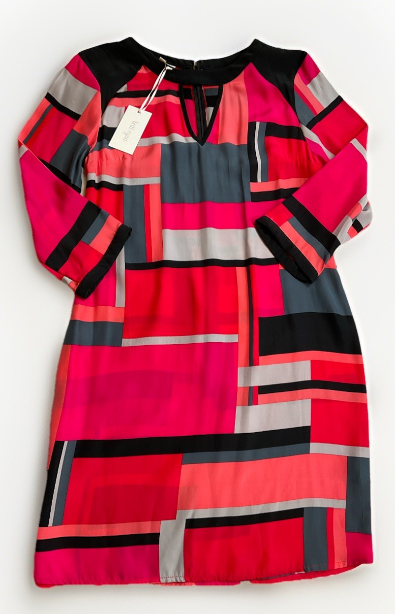 100% Silk Dress Britt Ryan 3/4 Sleeves Geometric Modern Office Size 4 USA
