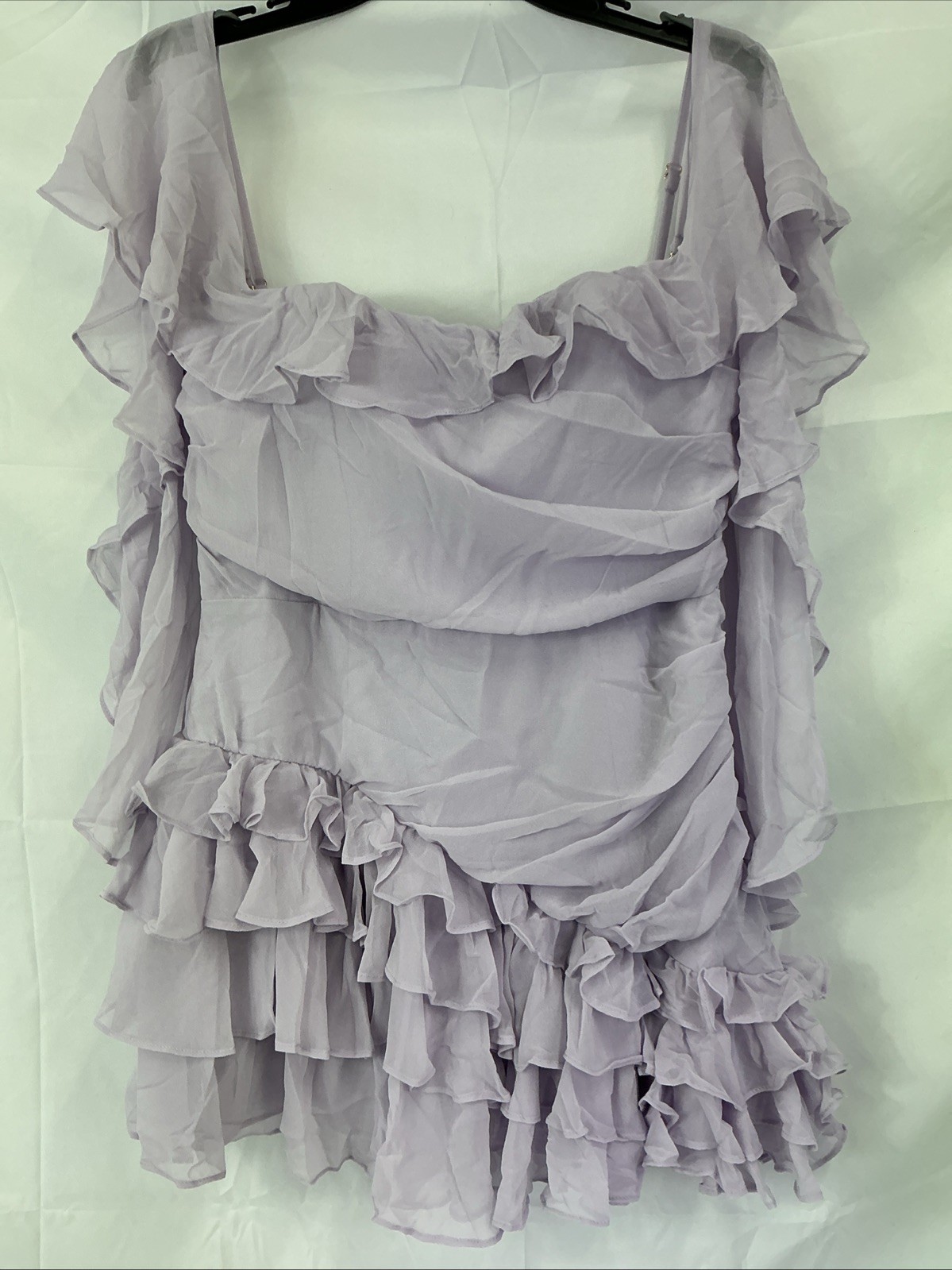Oh Polly Birdie Off Shoulder Lilac Ruffle Chiffon Mini Dress UK 14 US 10 NWT
