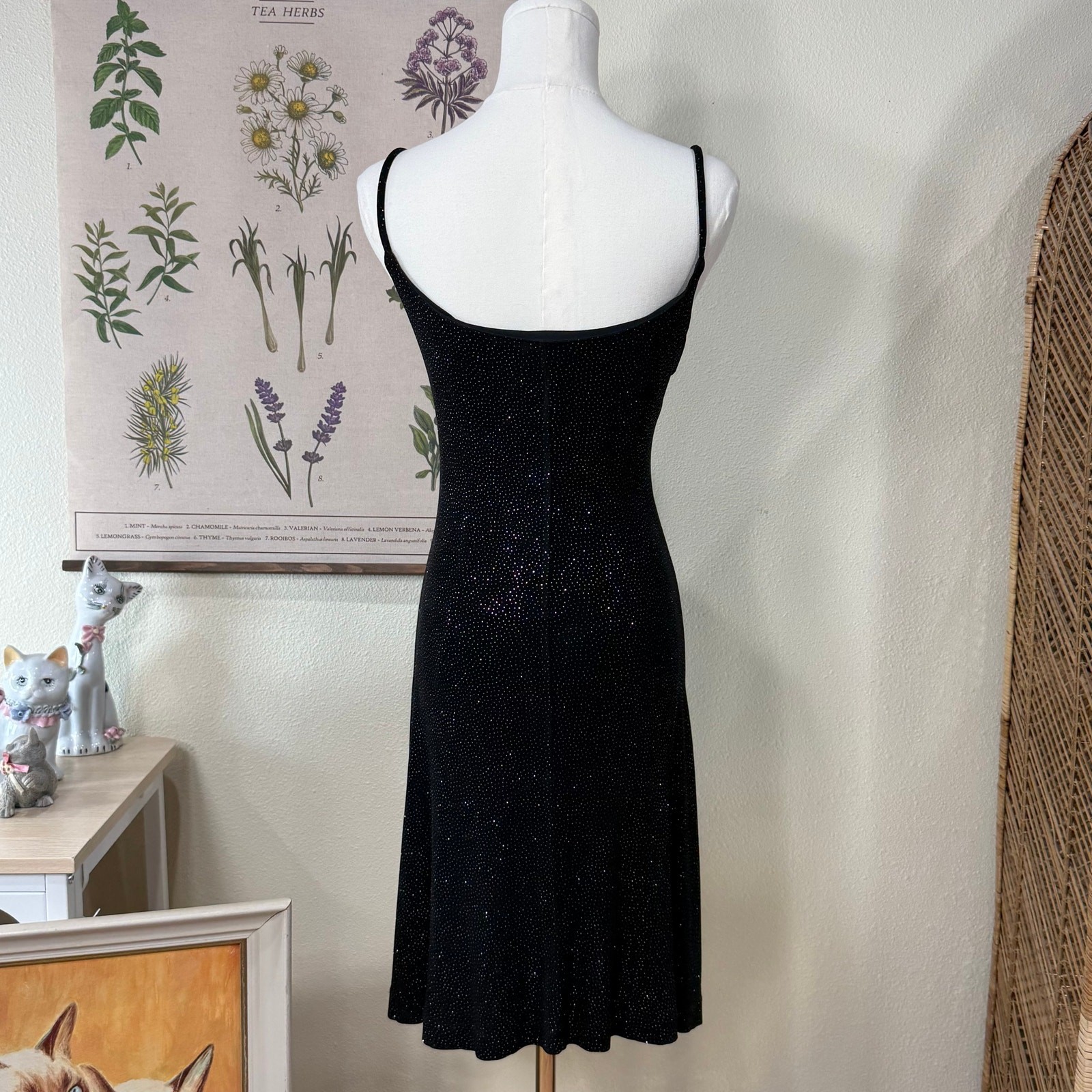 Vintage 90s Y2k Black Glitter Stretch Dress Party Sexy Gothic Witchy Bimbo M