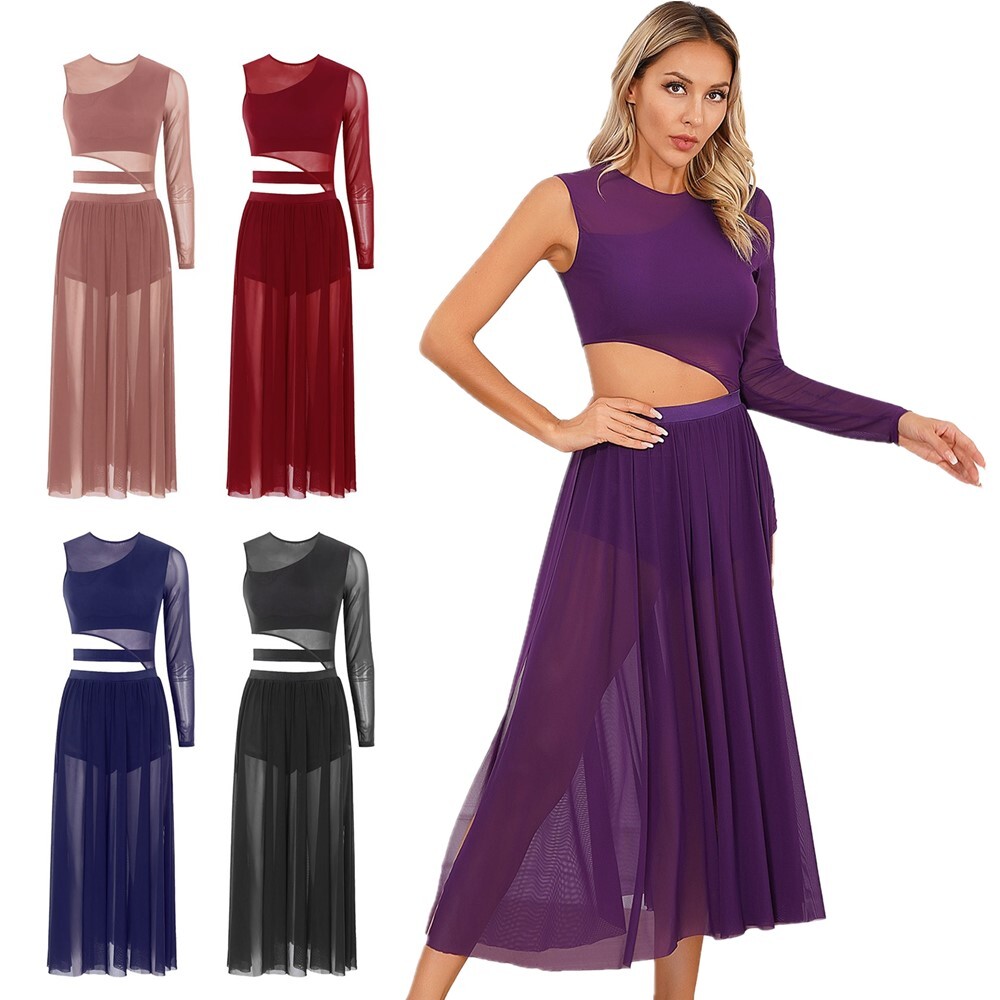 Womens Lyrical Dance Costume Side Split Figure Skating Dresses Round Neck