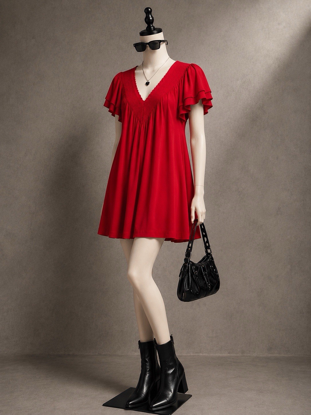 Allen B Womens Small Red Flutter Sleeve Babydoll Mini Dress Boho Romantic