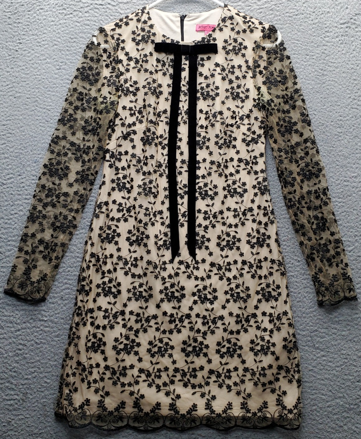 Betsey Johnson Sheath Dress Womens 2 Brown Black Floral Embroidered Bow Front