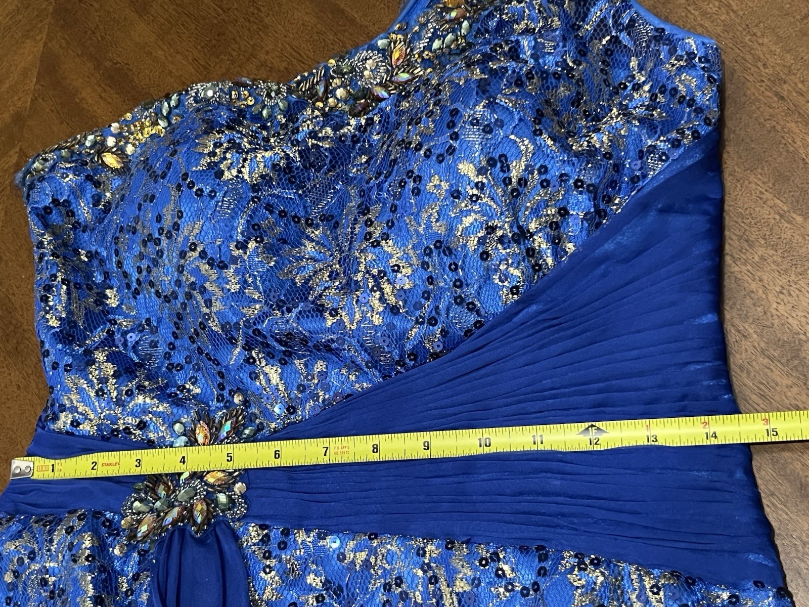 Dancing Queen 6 Royal Blue & Gold Beaded One Shoulder Dress Prom Formal Vintage