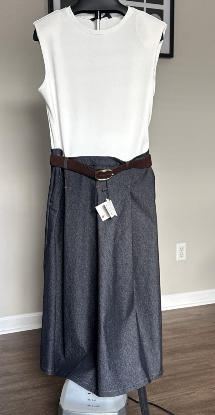 Zara White/Gray Crew Neck Sleeveless Dress Pockets Belt XL