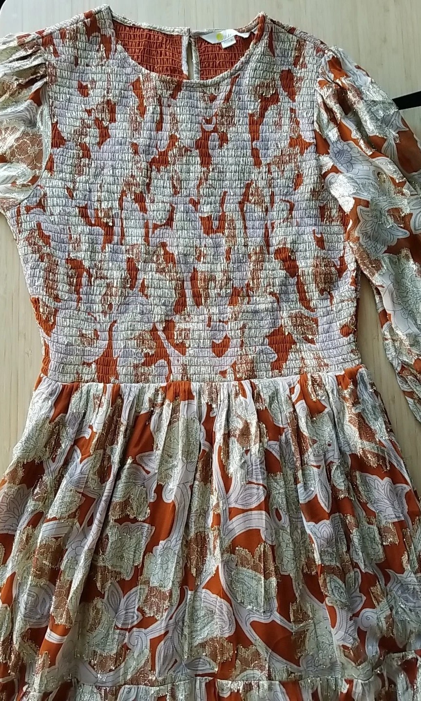 Boden Smocked Jacquard Maxi Dress Rust Copper Paisley Gold Metallic US 8 EUC