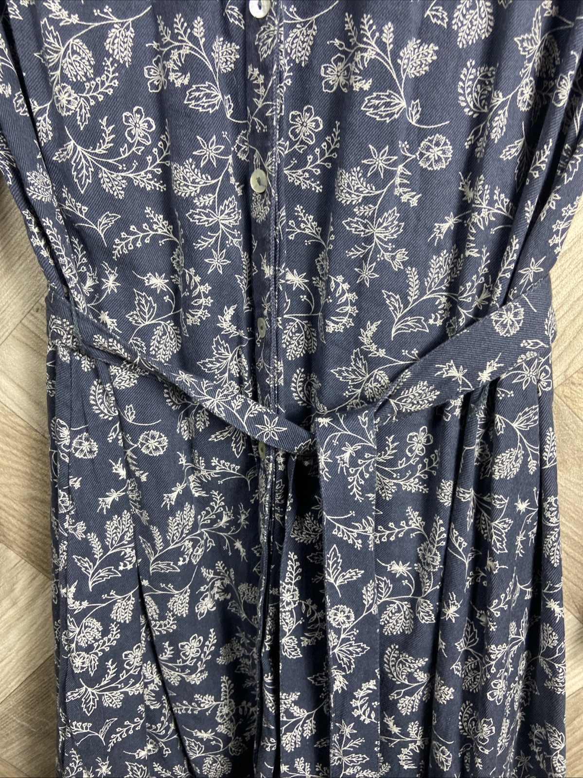 Fat Face Navy & White Floral Button Up Dress Waist Tie Collared Size 10