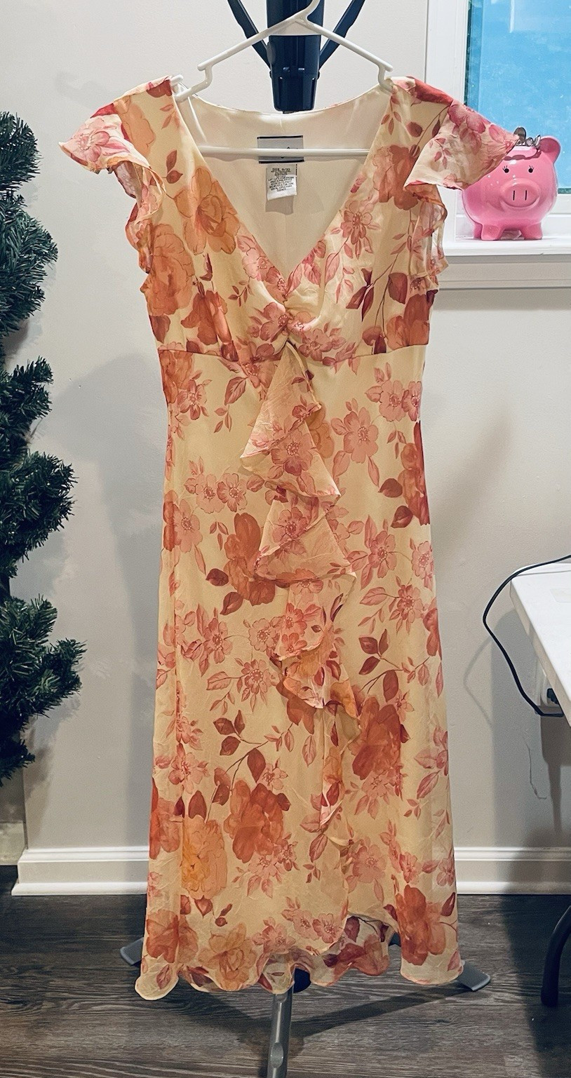 Vintage Cream Pink Floral Chiffon V-Neck Ruffle Midi Dress Sz S