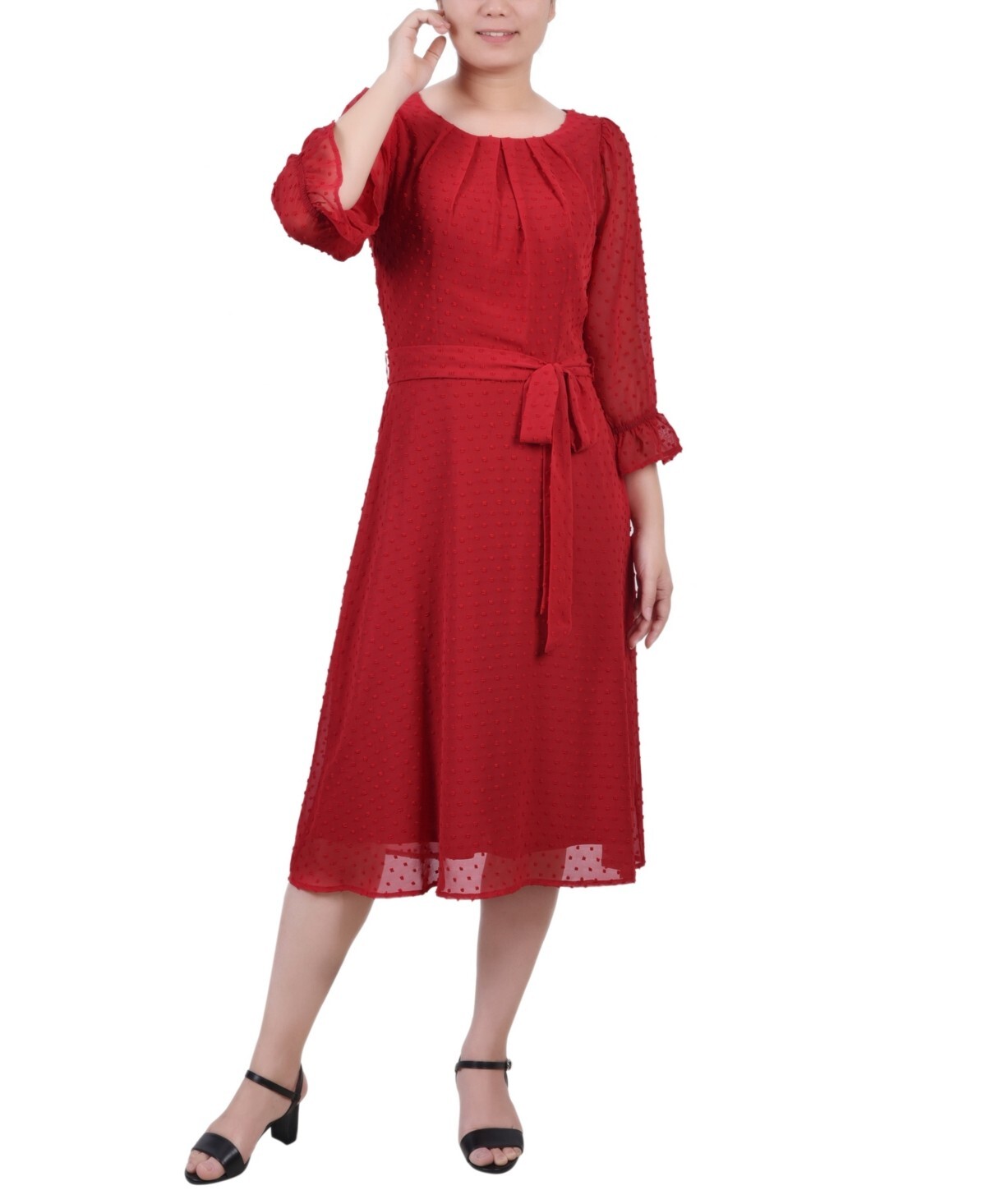 NY Collection Petite Belted Swiss Dot Dress Red Size PL