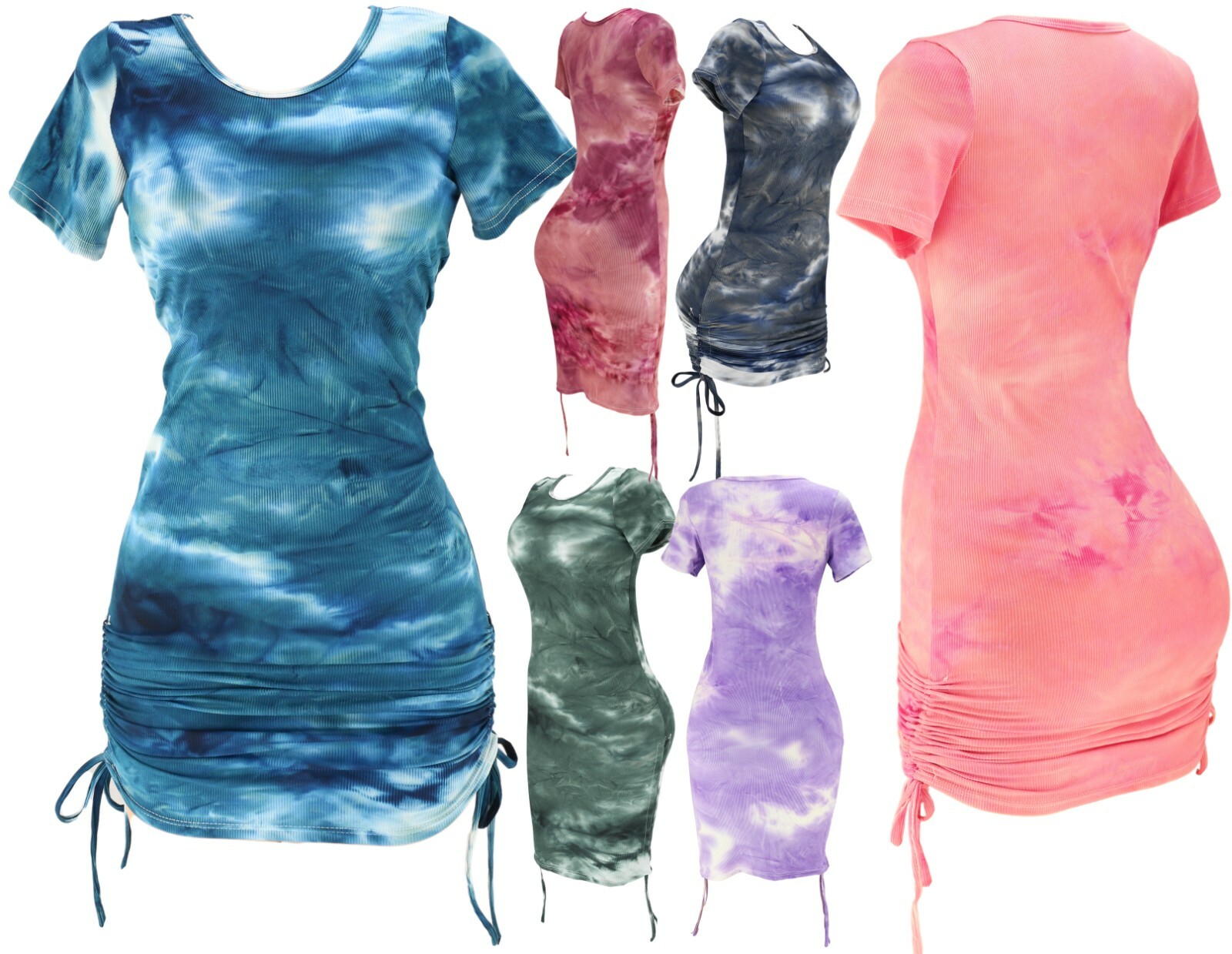 Short Sleeve Bodycon Tie Dye Sexy Rushed Drawstring Club Summer Dress