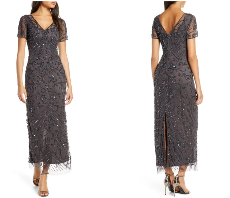 PISARRO NIGHTS Carbon Slate Beaded Mesh Tulle Column Dress 16 XL (BROKEN ZIPPER)