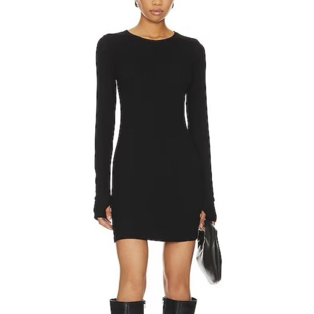 We The Free Black Ribbed Knit Sweater Dress Crew Neck Long Sleeve Mini S