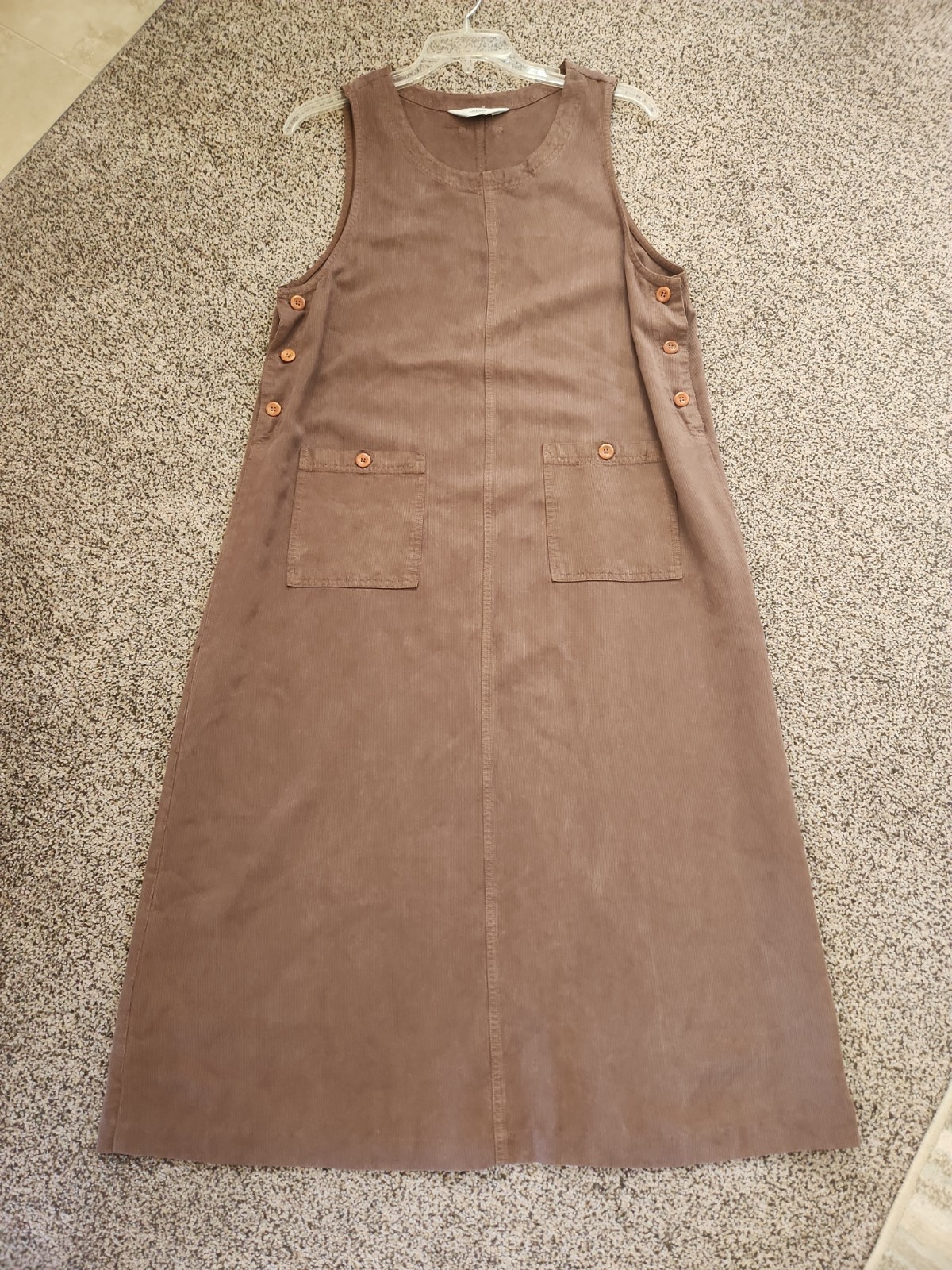 Vtg AKS Amy K Su Womens Large Pinafore Jumper Dress Pockets Fine Corduroy Brown