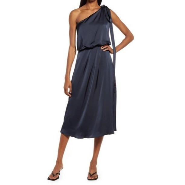 Amy Lynn Women’s Gemma One-shoulder Satin Dress In Navy Blue Size M NWT