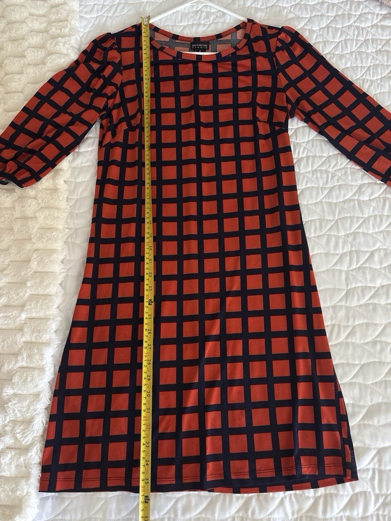 En Focus Studio Orange/Black Geometric Knit Shift Dress 3/4 Puff Sleeve 4