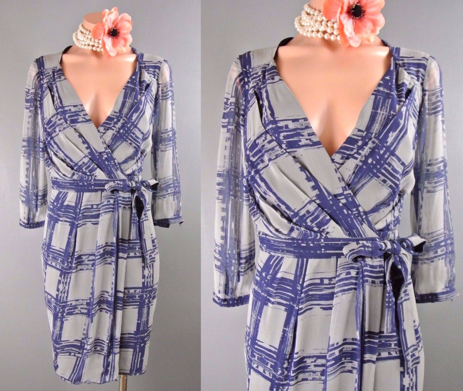 In Add Minus Wrap Sheath Dress 6 S Work Cocktail Checkered SILK Blue Gray