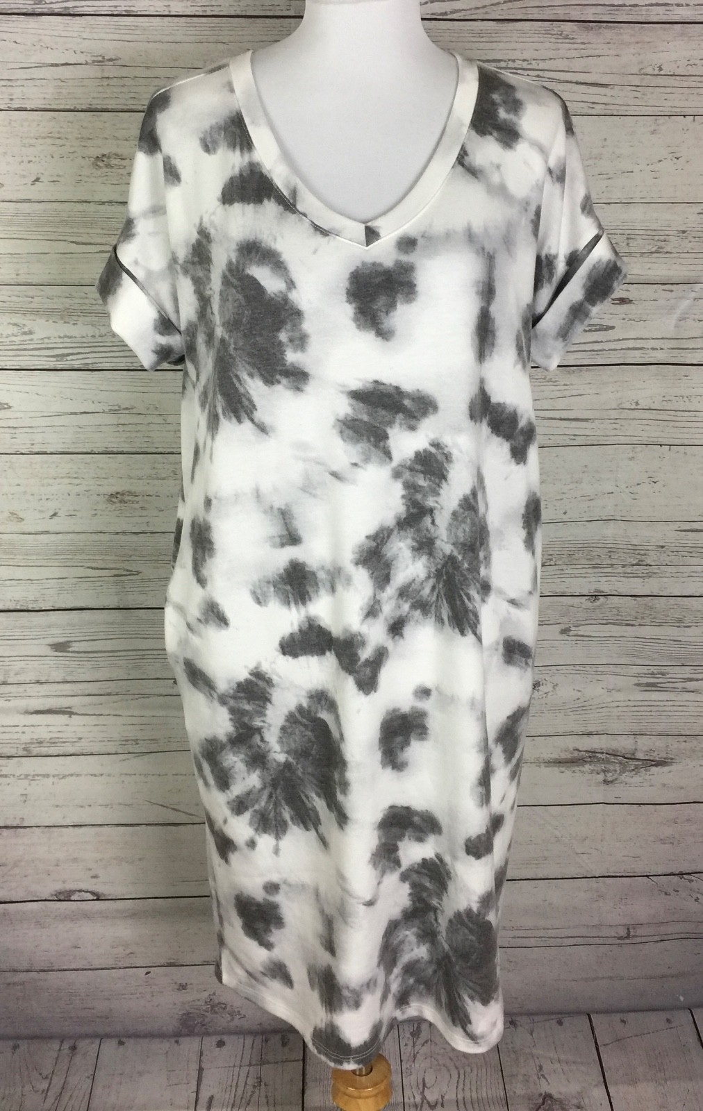 Zenana T-Shirt Dress Womens Gray White Soft Tie Dye Short Sleeve Stretch Pockets