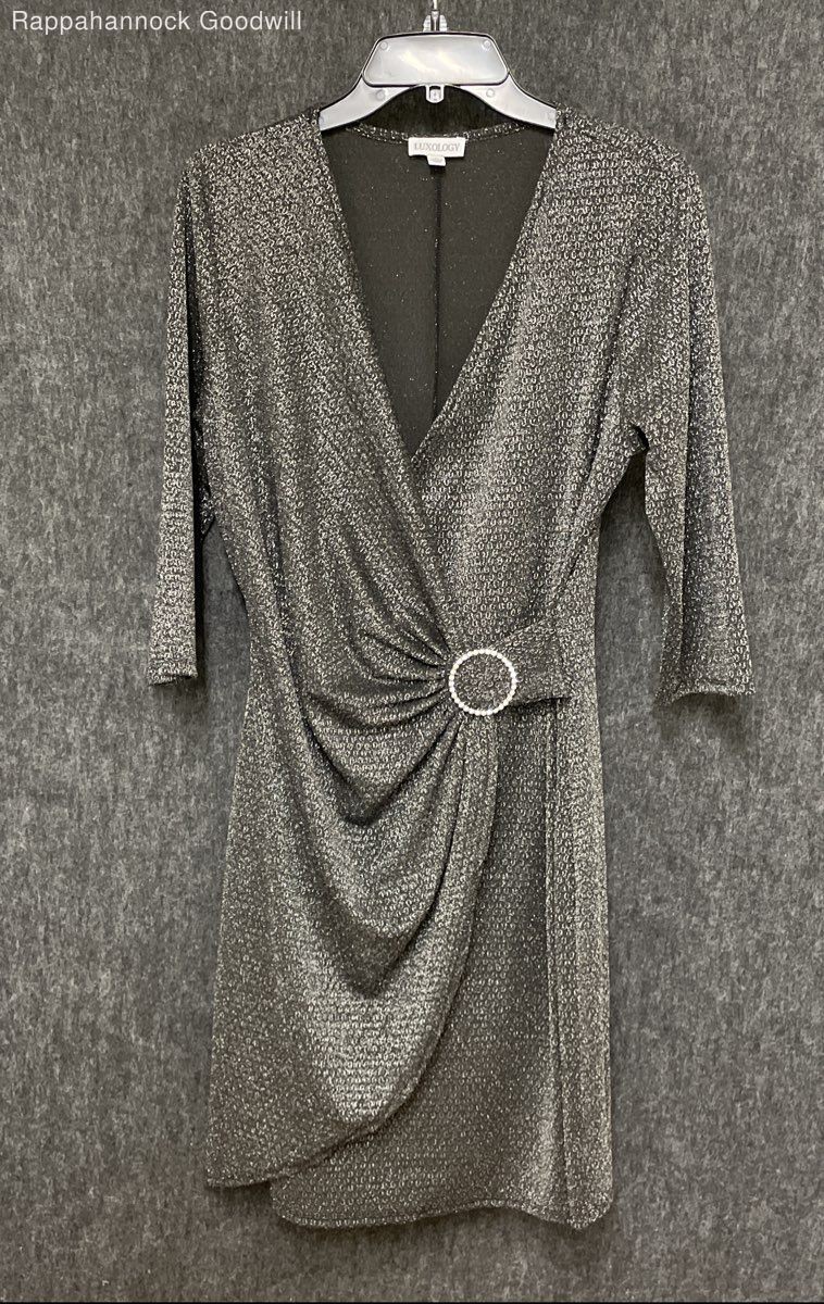 Luxology Women’s Silver Black Shimmer Metallic Knit Rhinestone Buckle Dress L