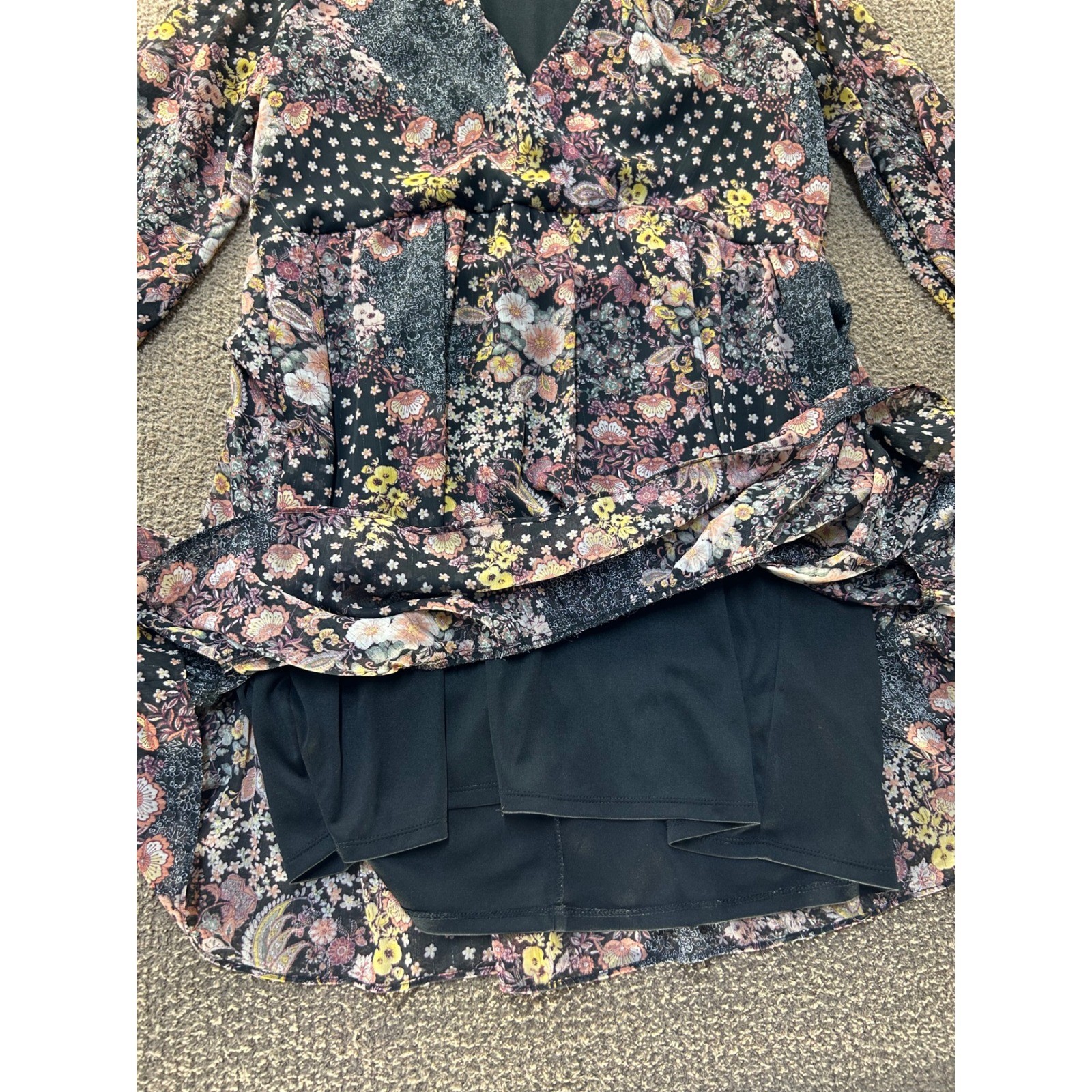 Sandra Darren Floral Patchwork Faux Wrap Tiered Chiffon Dress Black Multi M