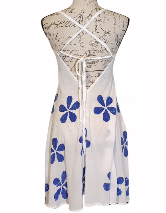 India Botique White Blue Tropical Floral A-line Sundress OS Rayon Resort Wear