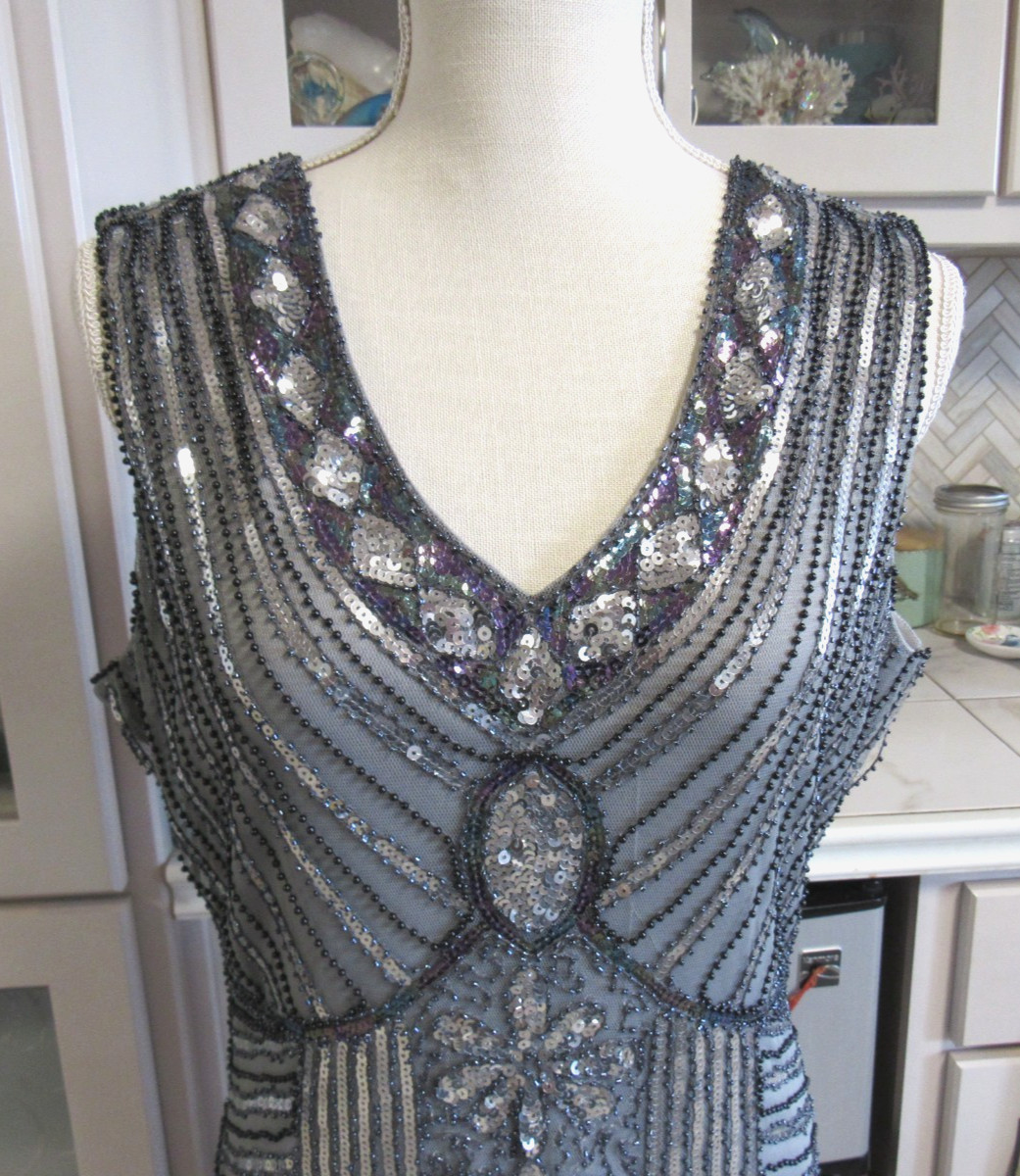 METME FLAPPER FRINGE BLACK BEADS SILVER SEQUINS SHORT SLEEVES SZ L ORIGINAL TAG