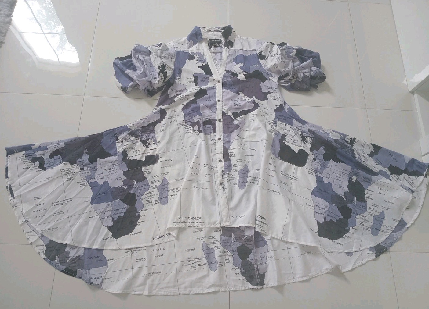 Step In Style World Map Button Up Shirt Dress White Blue/High Low/Ruffle Sleeve