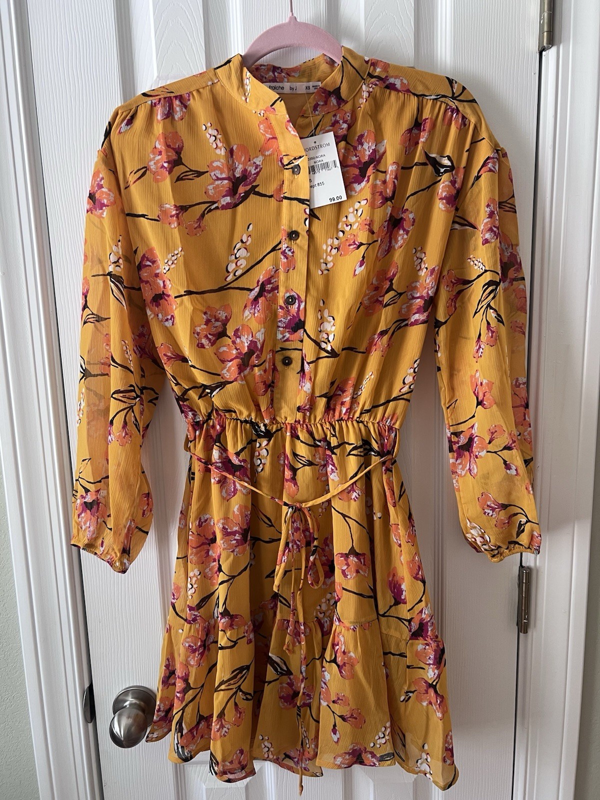 fraiche by J Yellow Floral Shirt Dress Collared Button Drawstring Short XS