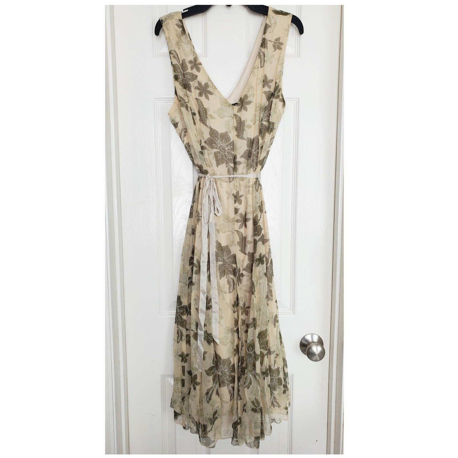 Jonathan Martin Silk Fairycore Babydoll Midi Dress Beige Green Floral Whimsy 12