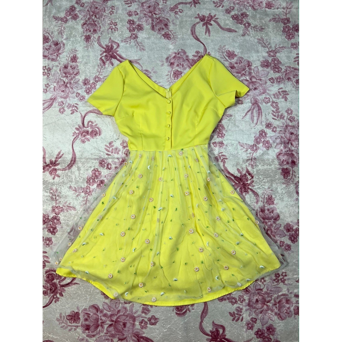 Yellow Floral Embroidered Tulle Skirt Dress V-Neck Short Sleeve XXL Cottagecore