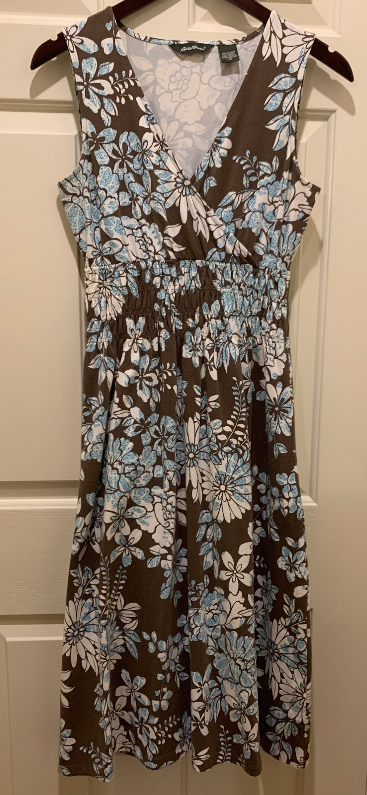 Eddie Bauer Cotton Knit Shirred Waist Midi Dress Blue/Brown/White Floral — XS