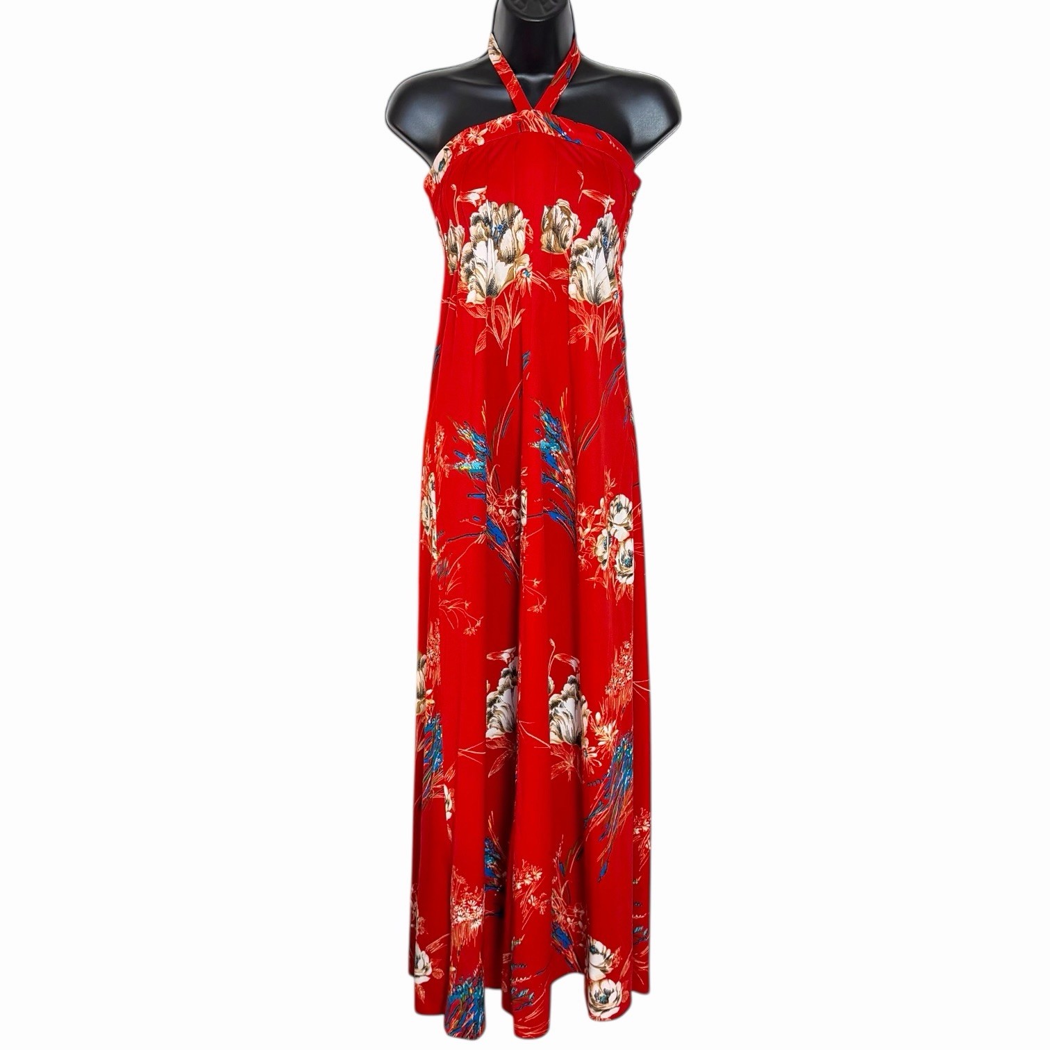VTG 70s FLORAL HALTER MAXI DRESS RETRO STRETCH POLYESTER HANDMADE BOHO HIPPIE S