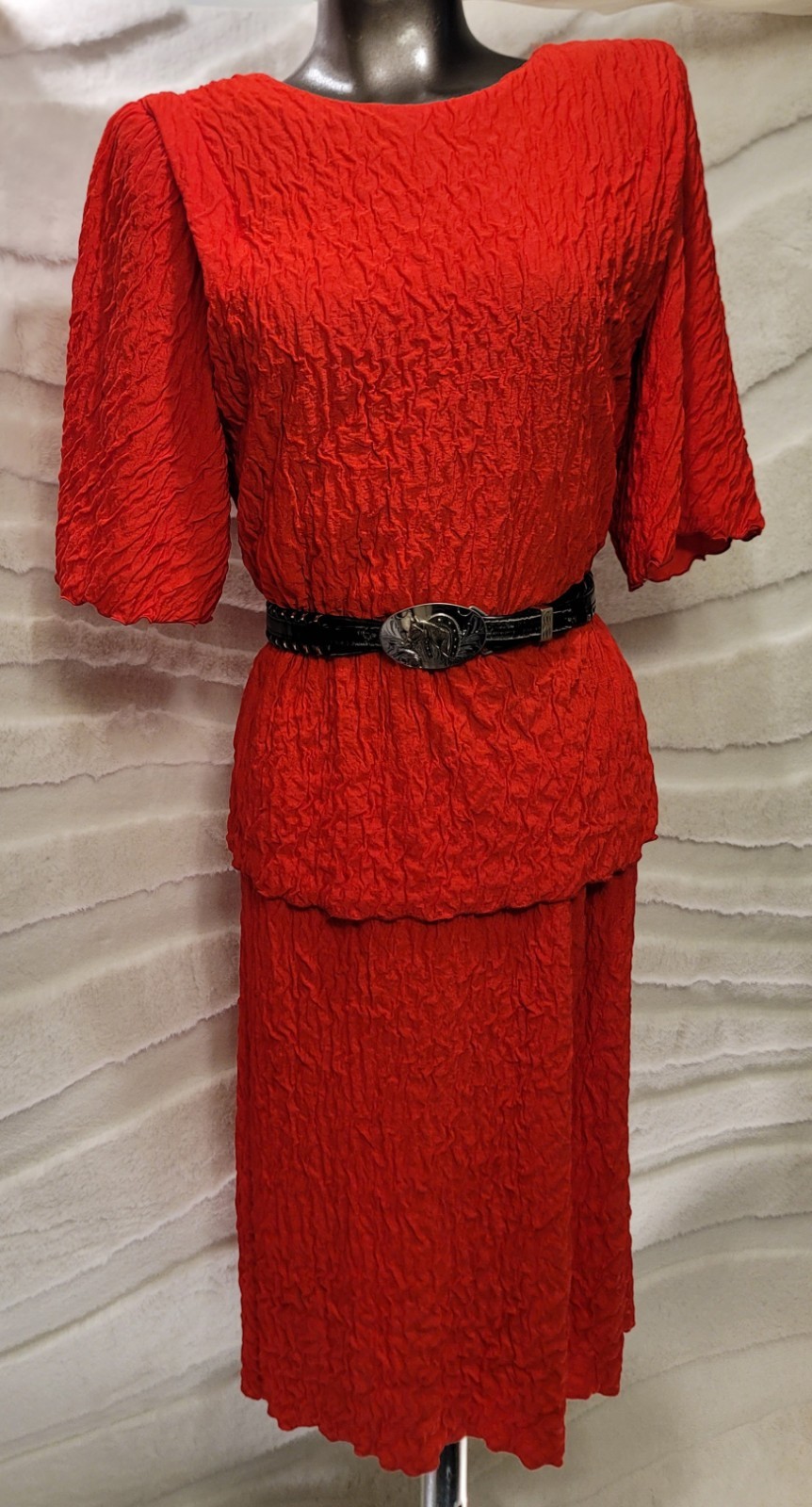 VTG Riccardo Crinkle Textured Two Piece Red Size 14.5 Large Dress Made in USA
