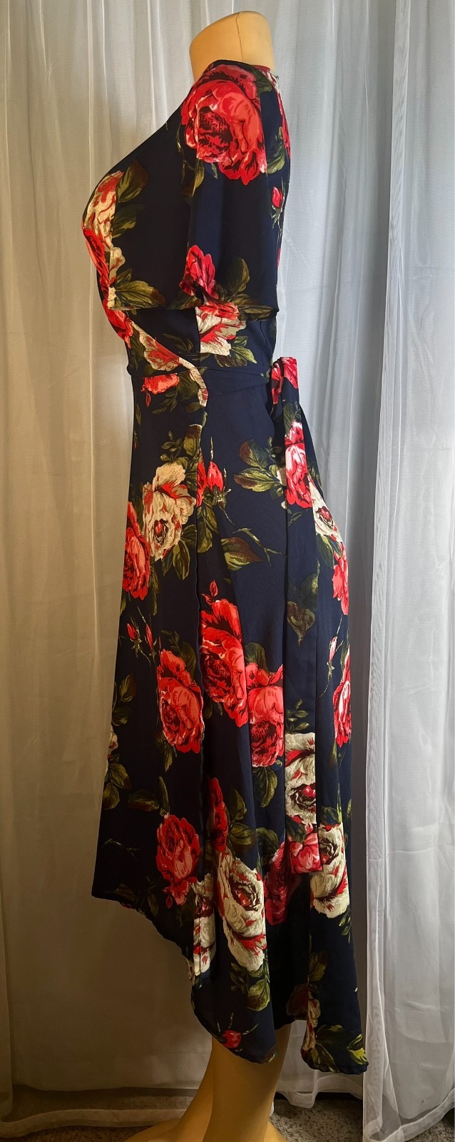 🌸Forever 21 🌸Women’s Medium Floral Wrap Dress Navy Pink Short Sleeve Tie Waist
