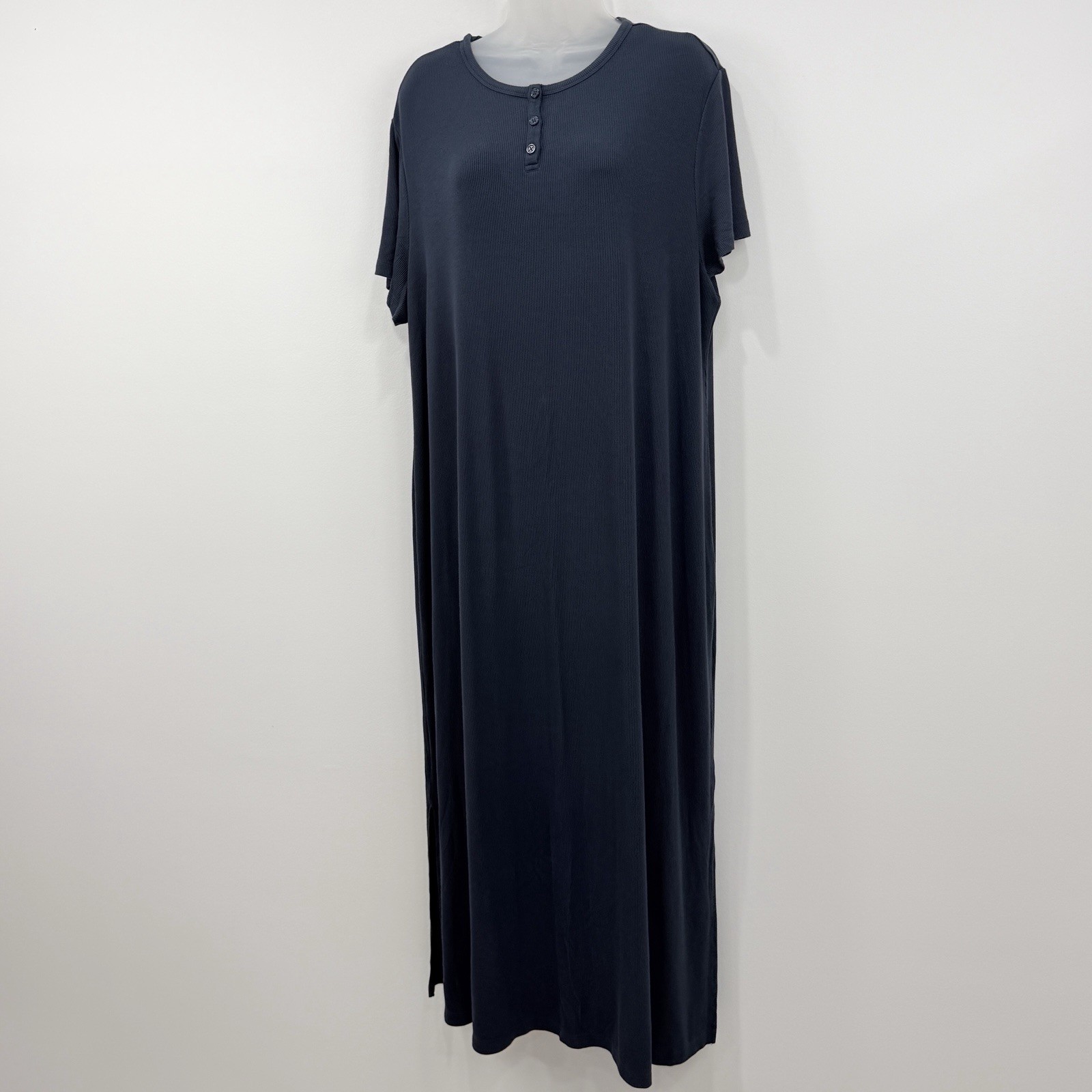 Barefoot Dreams Malibu Collection Rib Henley Dress 2X Navy Comfort Lounge Bamboo