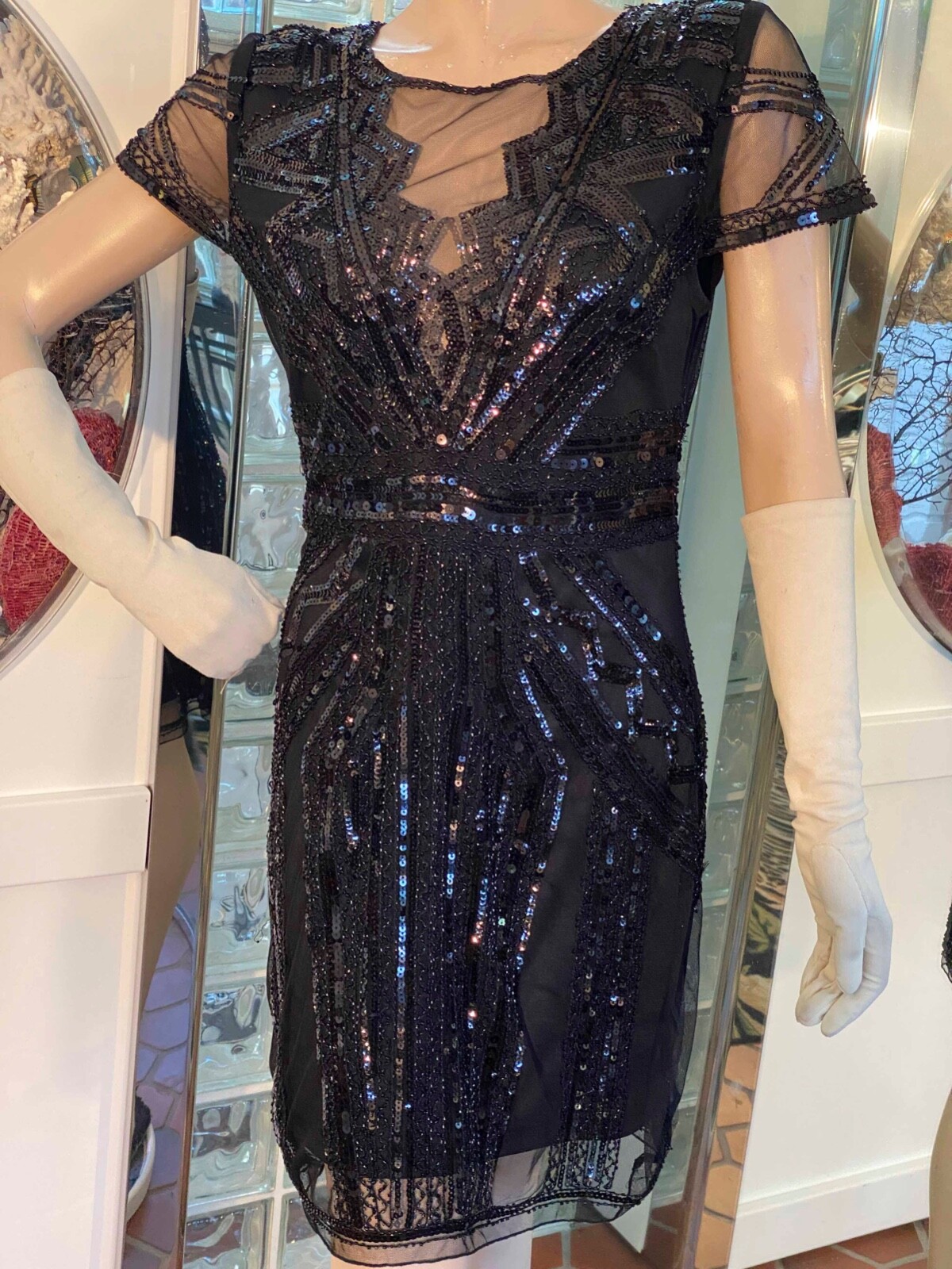 Flapper Black Dress SQUINS BEADED COCKTAIL Party Size XSP