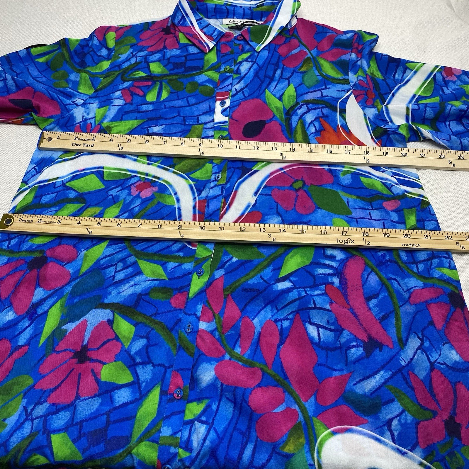 Celina Moon Blue Floral Button Front Midi Dress Pocket Long Sleeve Sz Large