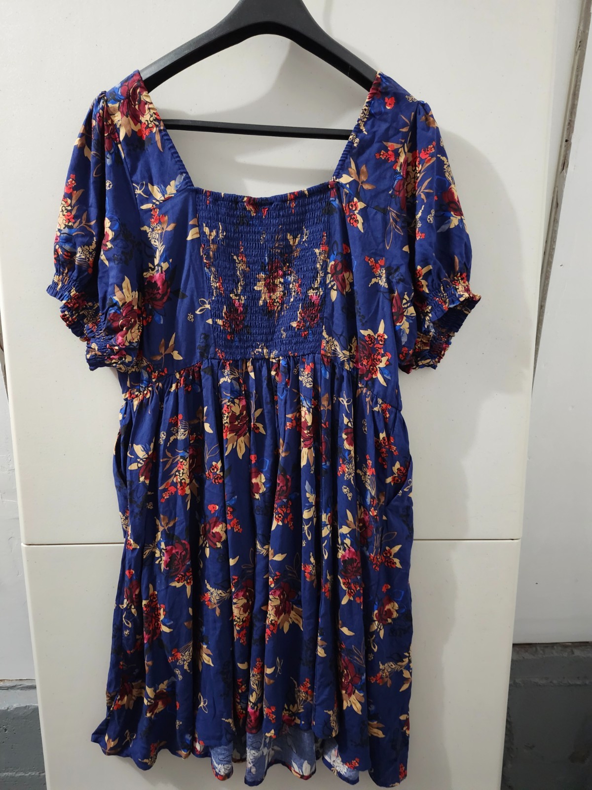 Torrid Dress Womens 1X Blue Skater Hook Eye Henley Floral Smock Short Sleeve Pkt