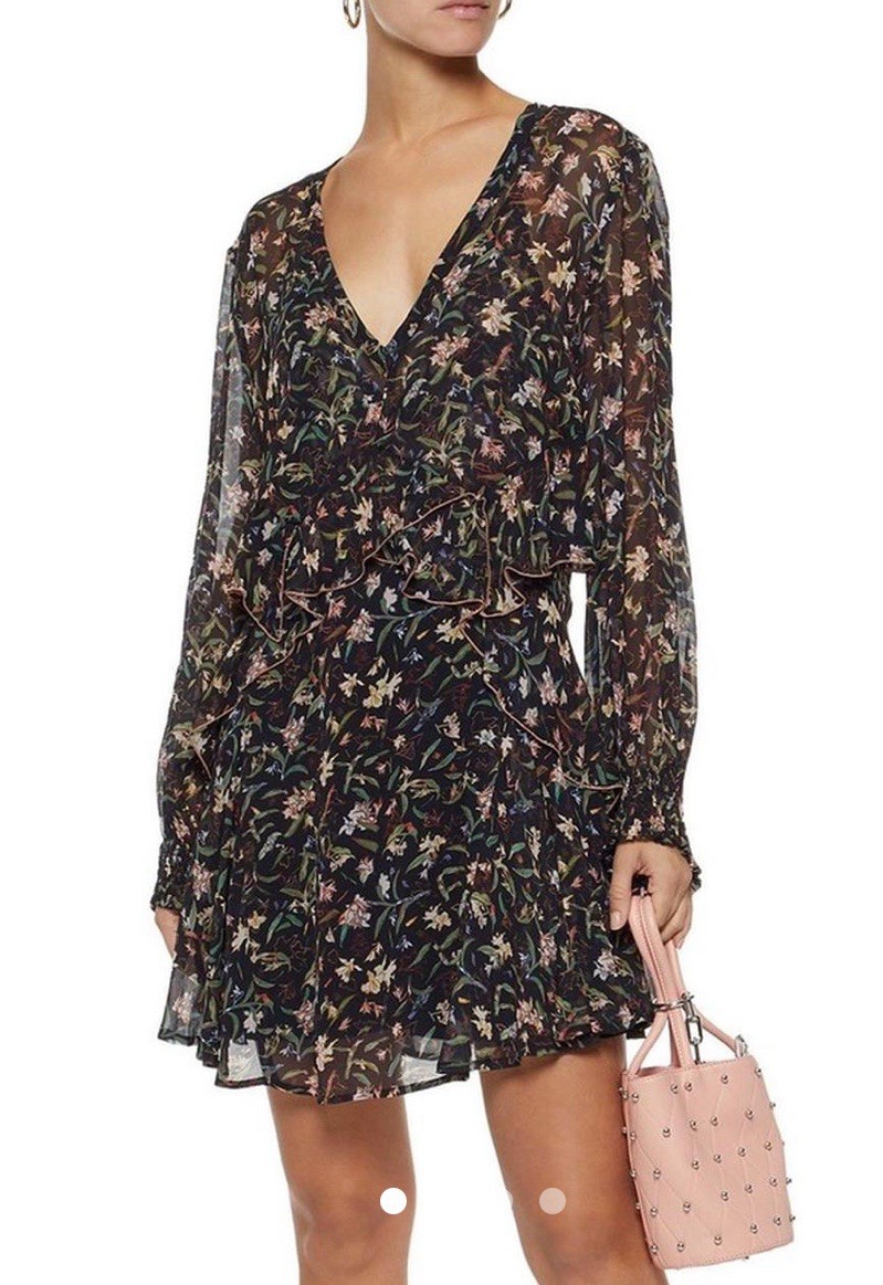 IRO Paris Floral Beaumont Mini Dress Sz 36 Medium Dark Feminine Fairy Sheer Blk