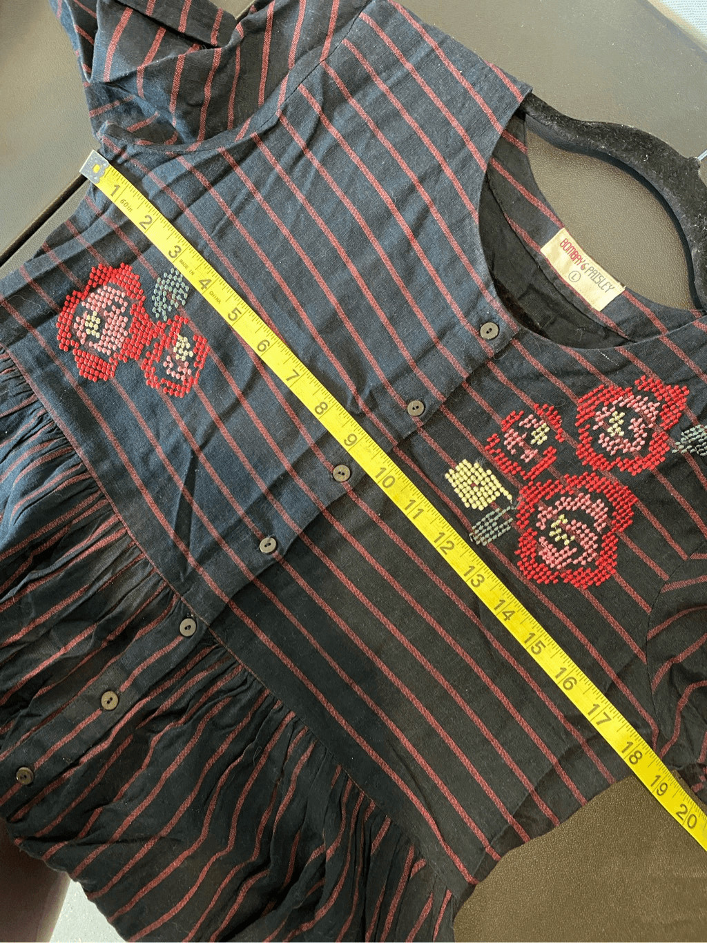 Bombay Paisley Dark Blue Red Stripe Floral Embroidered Button Down 3/4 Sleeve Mi
