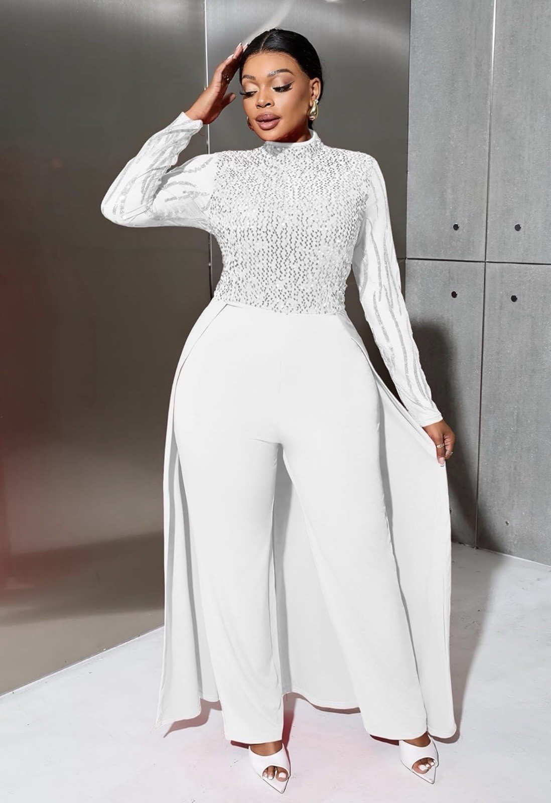 VERWIN White Sequins Jumpsuit Dress Overlay Elegant Fashion Wedding Sz M New #B