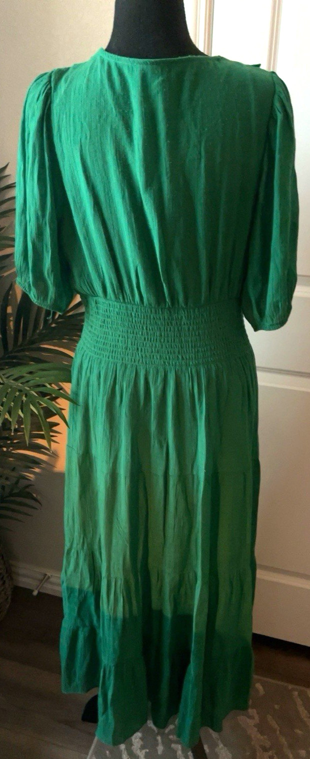 J Gee Emerald Green Smocked Midi Dress Puff Sleeve Ruffle Tiered Boho XL