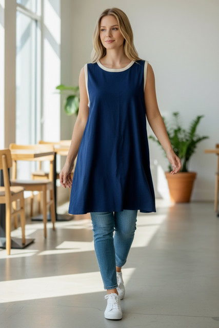St John’s Bay XXL Sleeveless Dress Royal Blue White Trim Stretch Woven Versatile