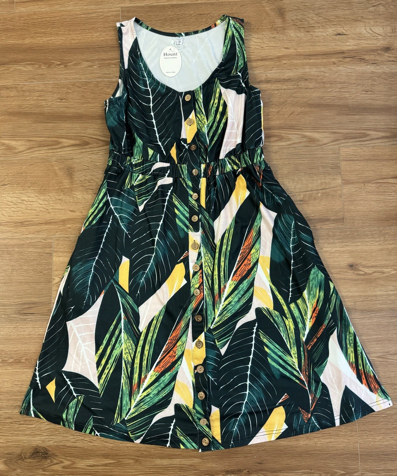 Hount Green Tropical Dress Sleeveless Size Small Cinched Waist Stretchy NWT